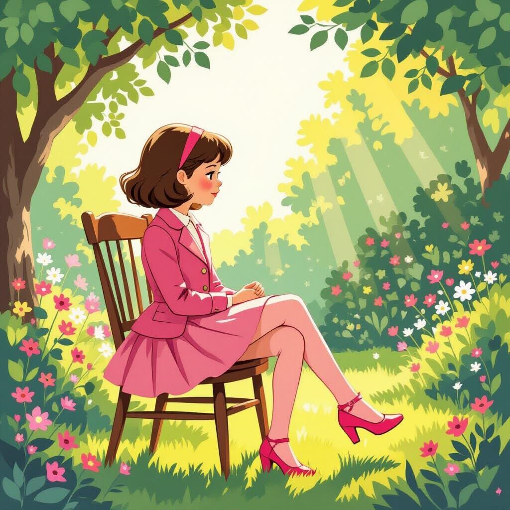 Girl in Pink Skirt Suit in Sunny Backyard