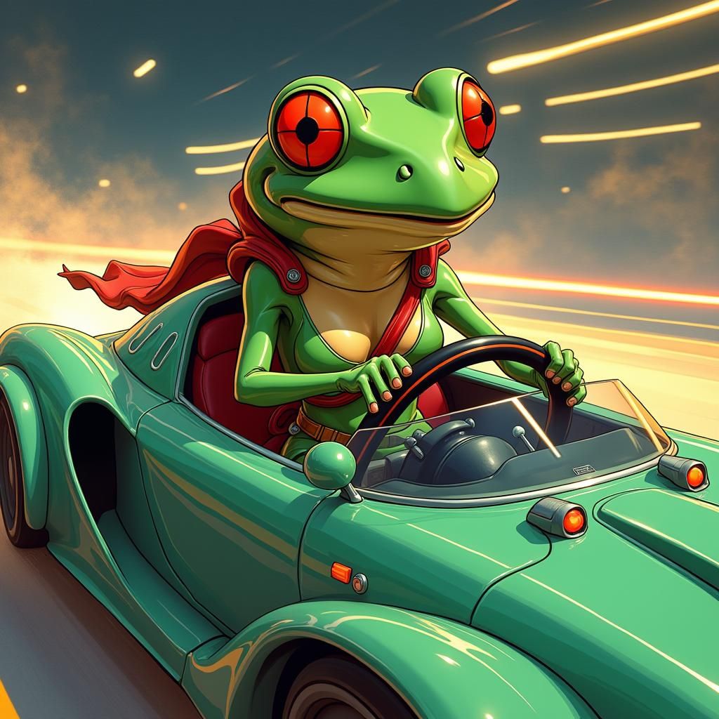 Frog Drives Supercar in Retrofuturistic Style