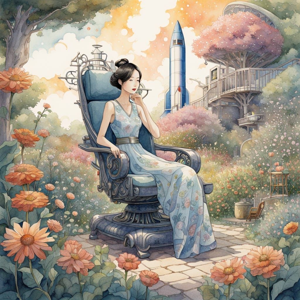 Woman in Garden with Rocket, Watercolor Fantasy Art