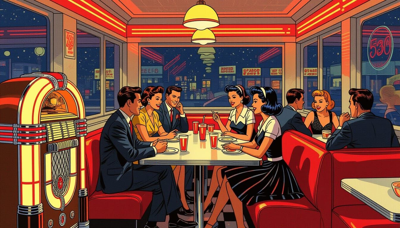 Vibrant 1950s Diner Scene in Comic Art Style