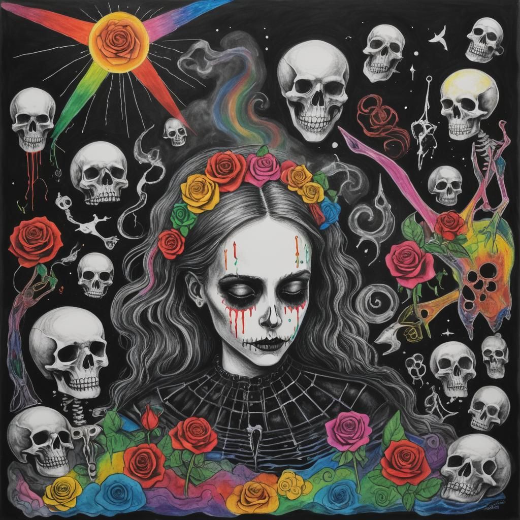 Surreal Crayon Drawing of Goth Woman with Fairy