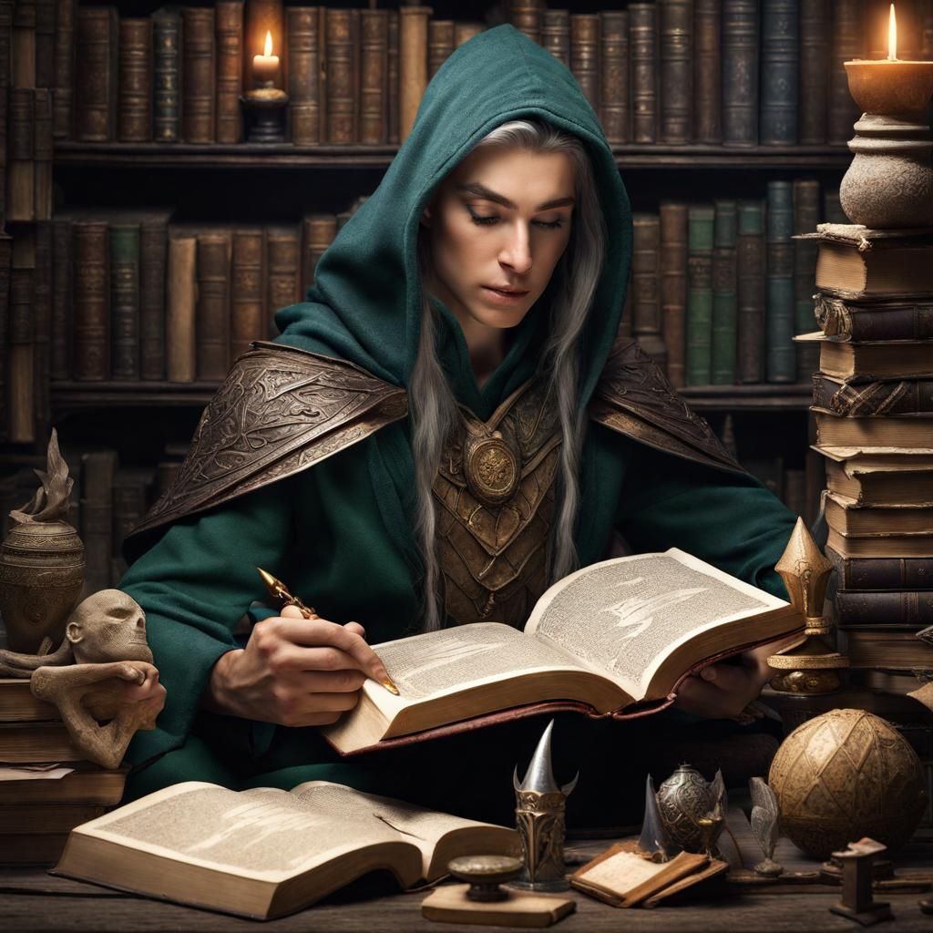 Contemplative Elven Scholar Surrounded by Magic