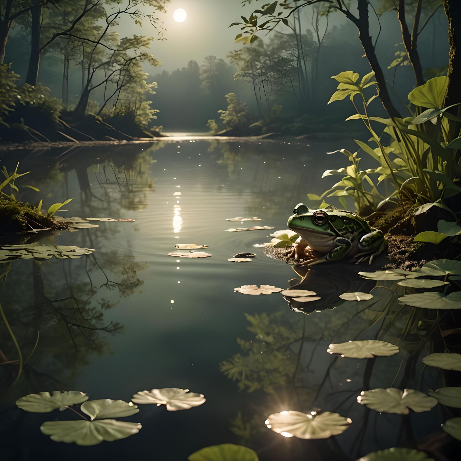 Frog in Magical Forest Reflecting Under Moonlight