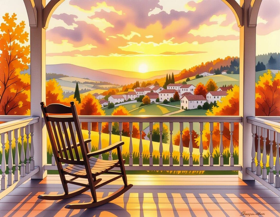 Sunset Veranda View in Watercolor Style