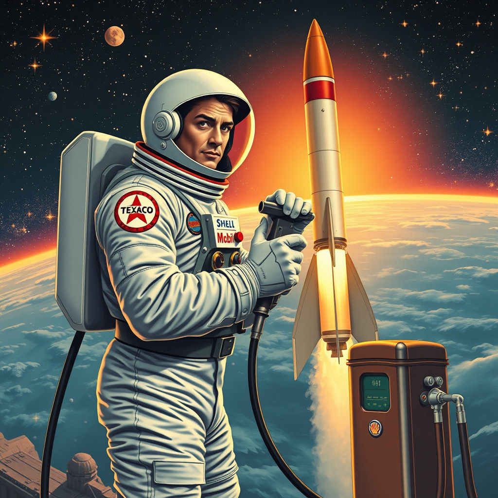 Retro-Futuristic Astronaut Refuels Rocket in Space: Comic Ar...