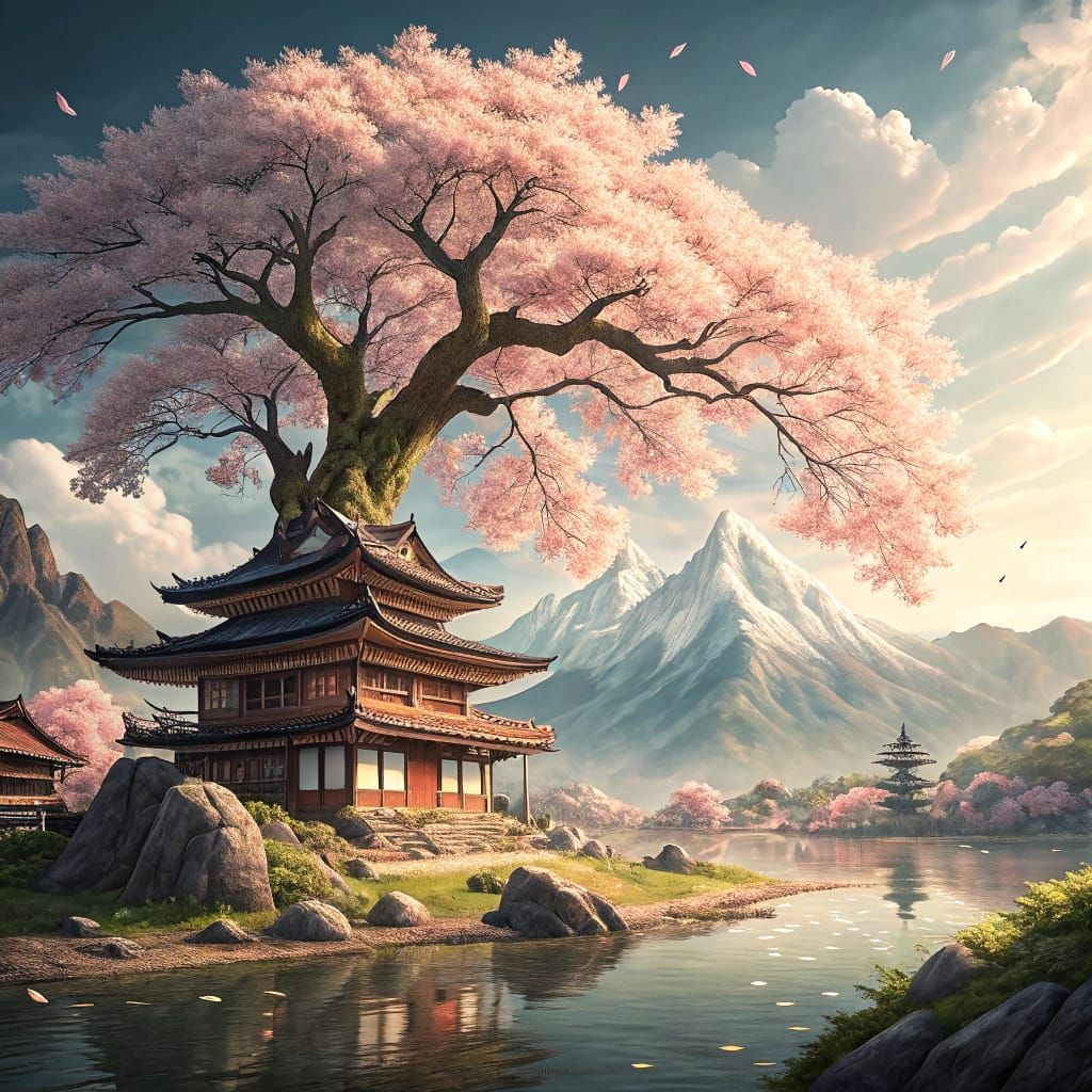 Ancient Sakura Tree in Serene Japanese Landscape