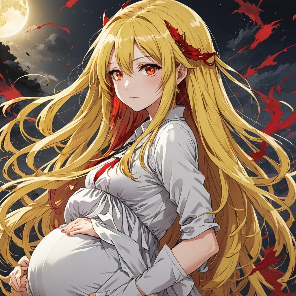 Pregnant Anime Girl with Yellow Hair and Red Eyes
