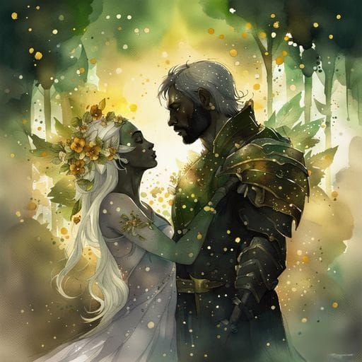 Orc Knight and Elf Woman: Watercolor Silhouette