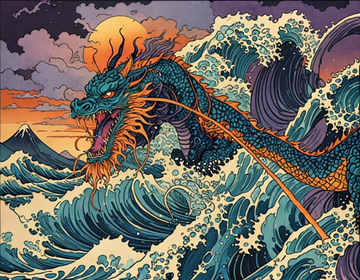 Dragon Emerges from Sea in Hokusai Style