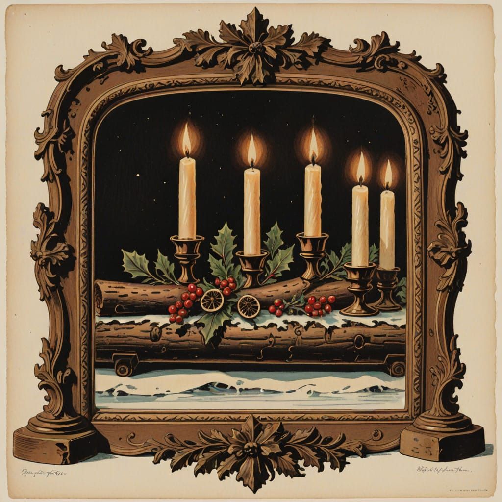 Vintage Winter Scene in Antique Lithographic Style with Refl...