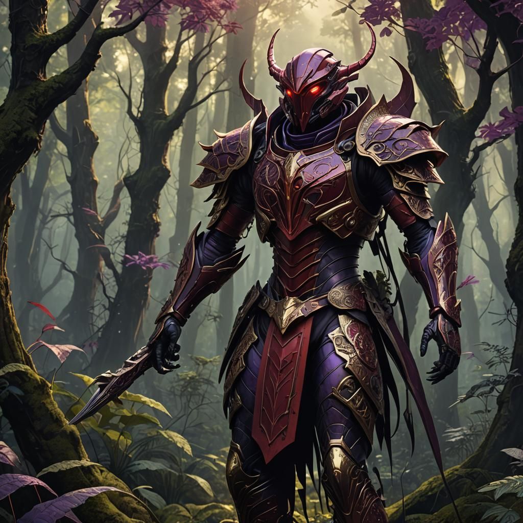 Red Mantis Fighter in Mystical Forest, Baroque Style