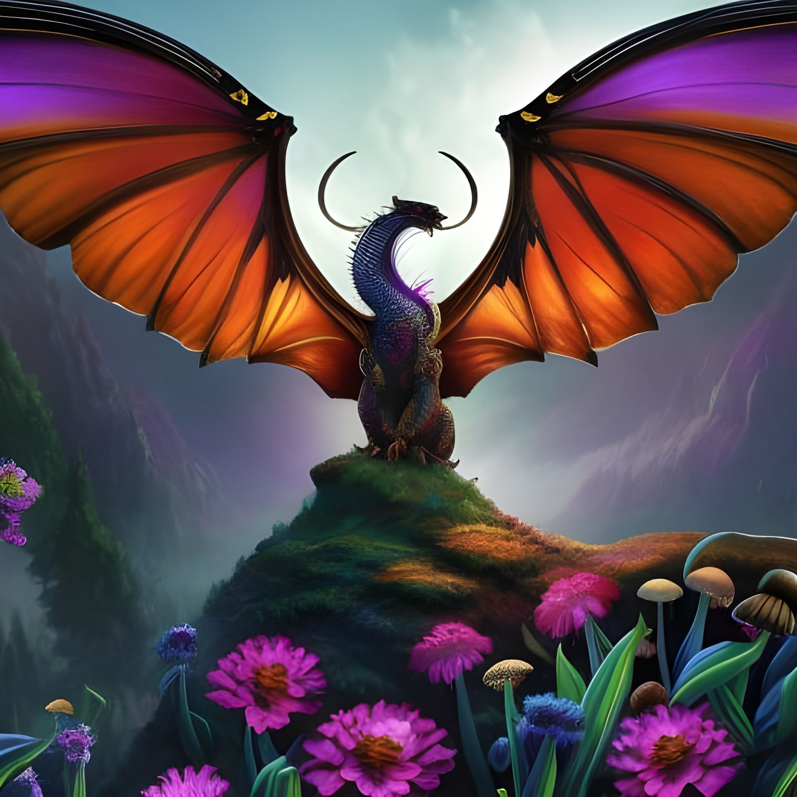 Butterfly Winged Dragon in Mystical Flower Field