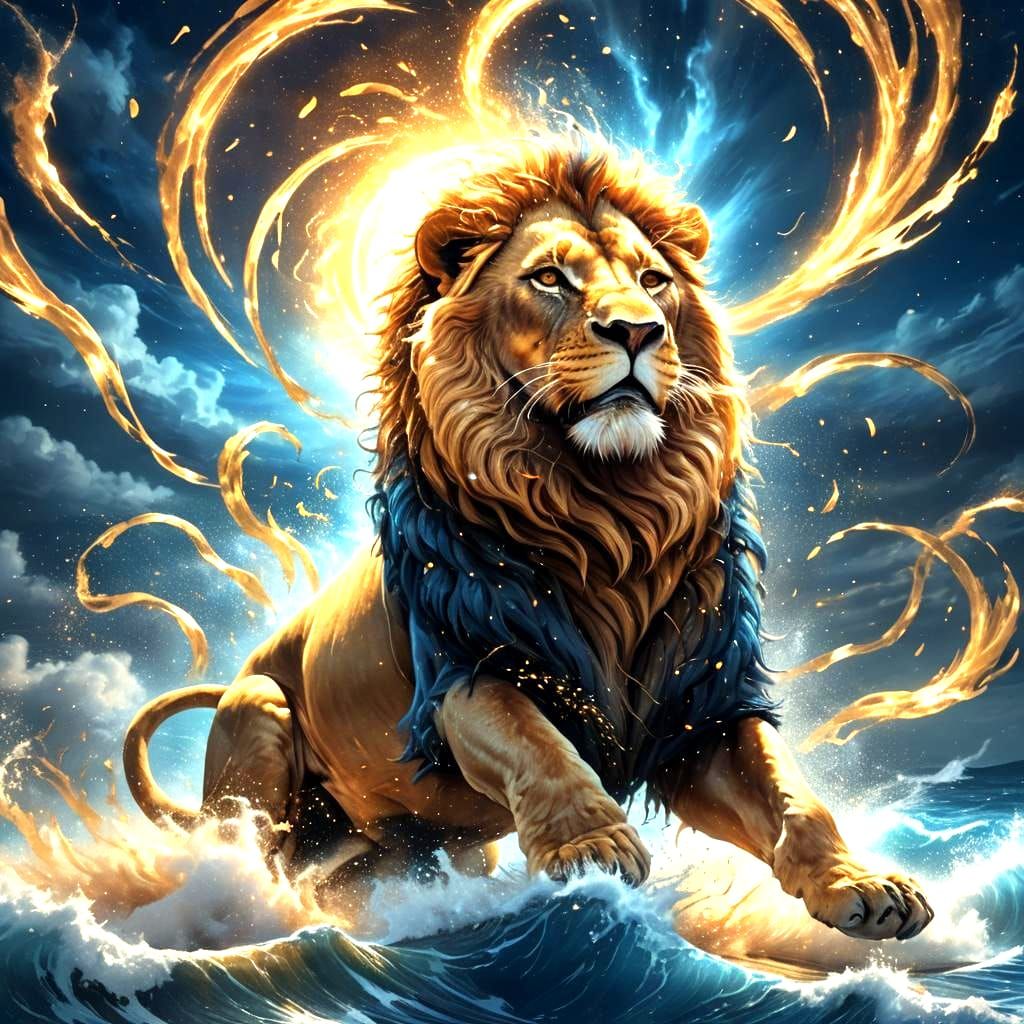 Golden Lion Emerges from Blue Ocean: Fantasy Art