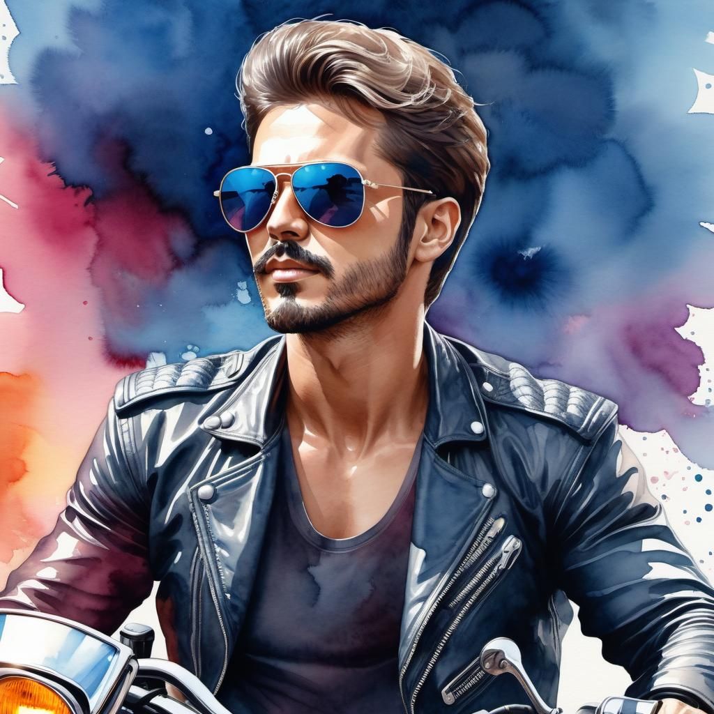 Motorcycle Rider in Digital Watercolor Illustration