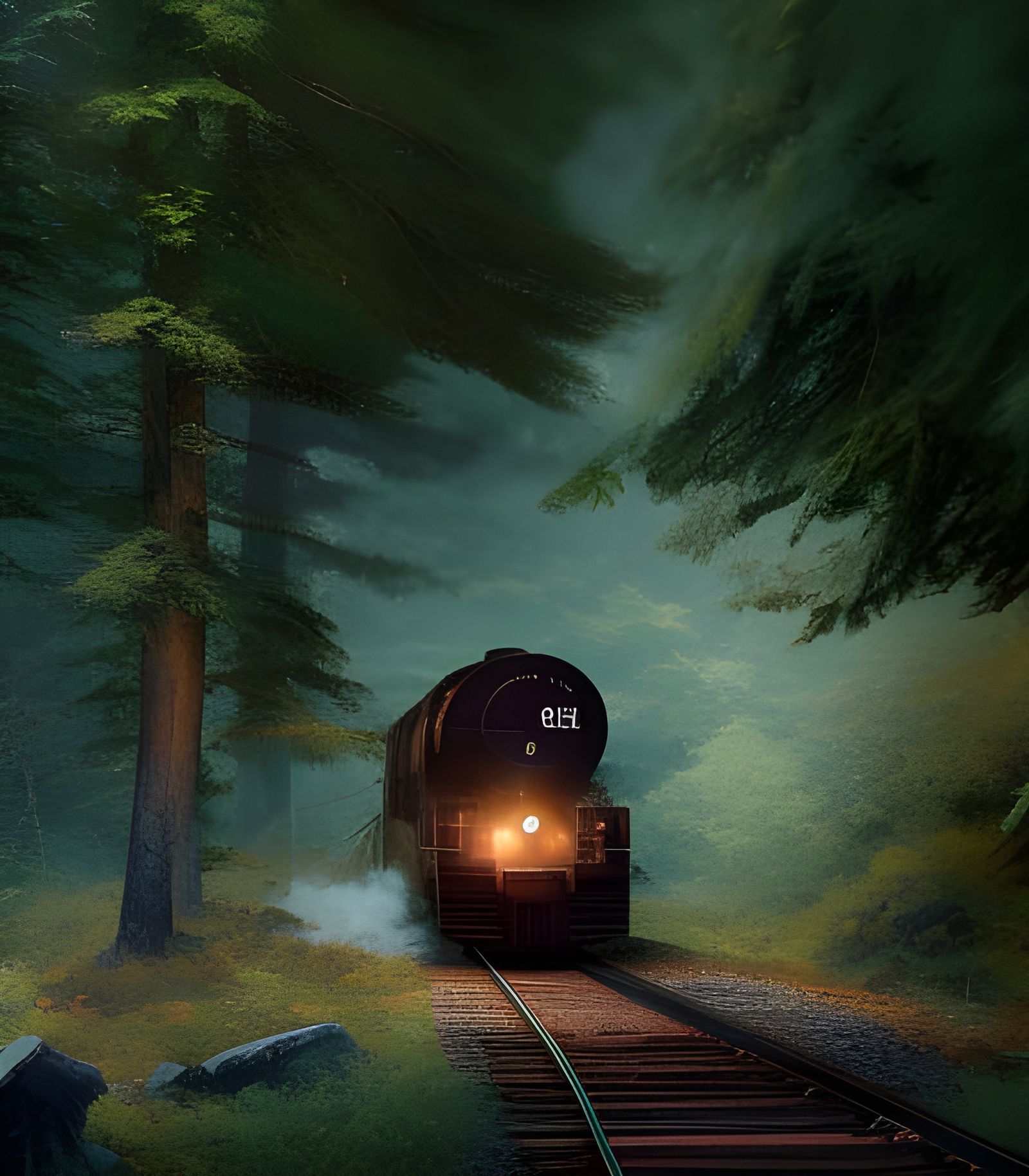 Train Emerging from Forest: Baroque Matte Painting