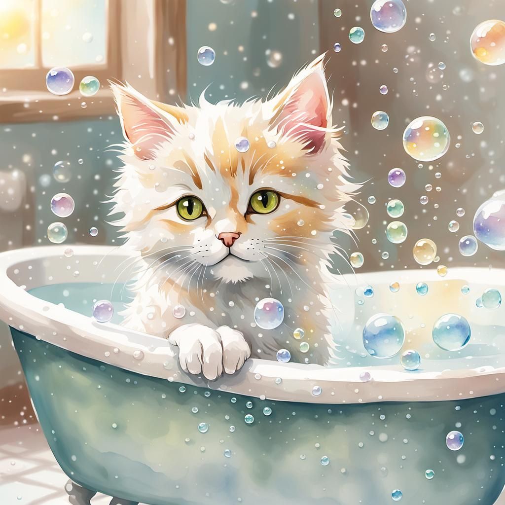 Whimsical Kitten Bathtime in Watercolor