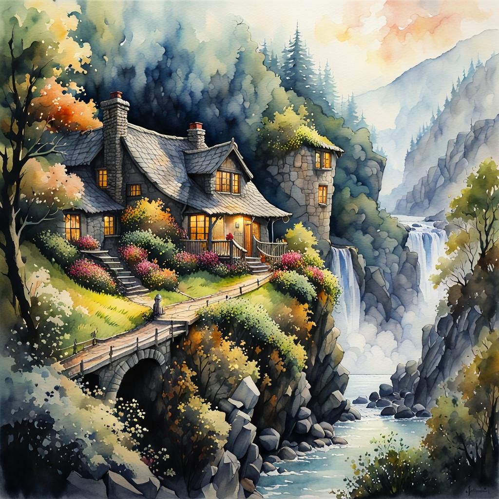 Cottage Overlooking Ravine in Watercolor and Ink