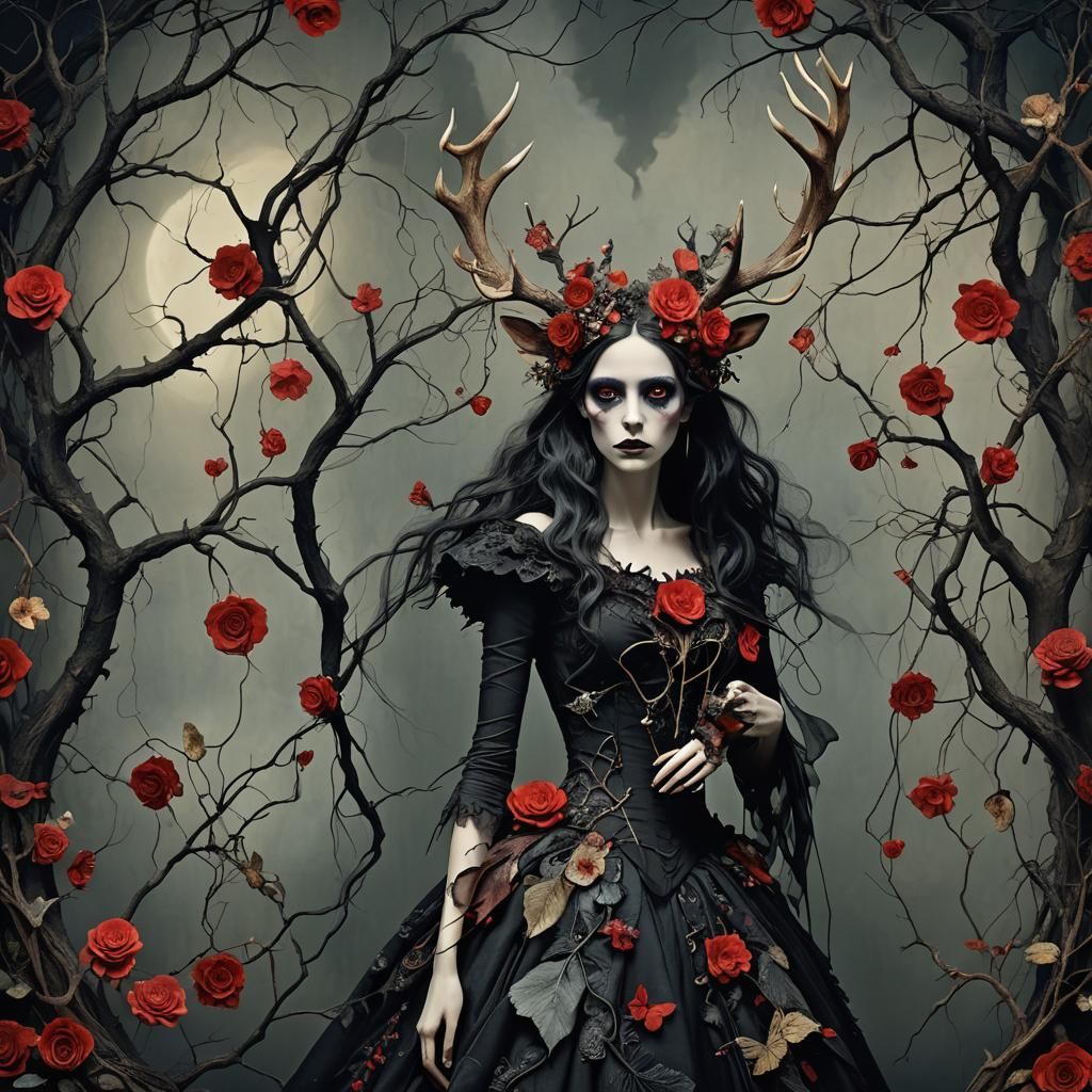 Dark Fantasy Fairy with Antlers in Burton Style