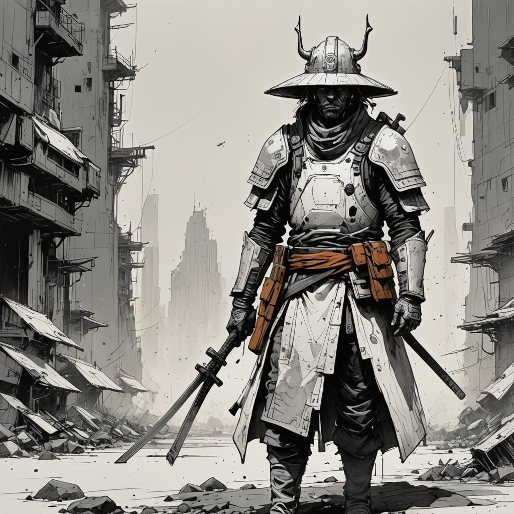 Futuristic Samurai Sketch in Moebius Style