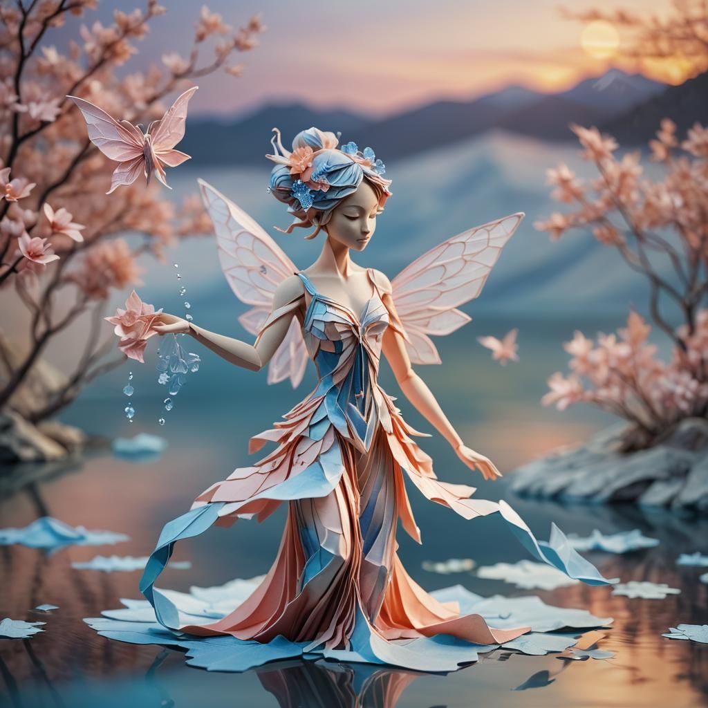 Water Fairy Dances on Lake in Origami Style