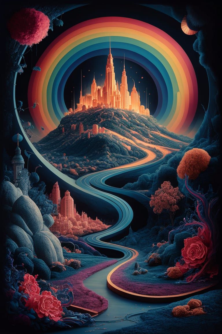 Glowing Metropolis on a Hill with Rainbow Rug