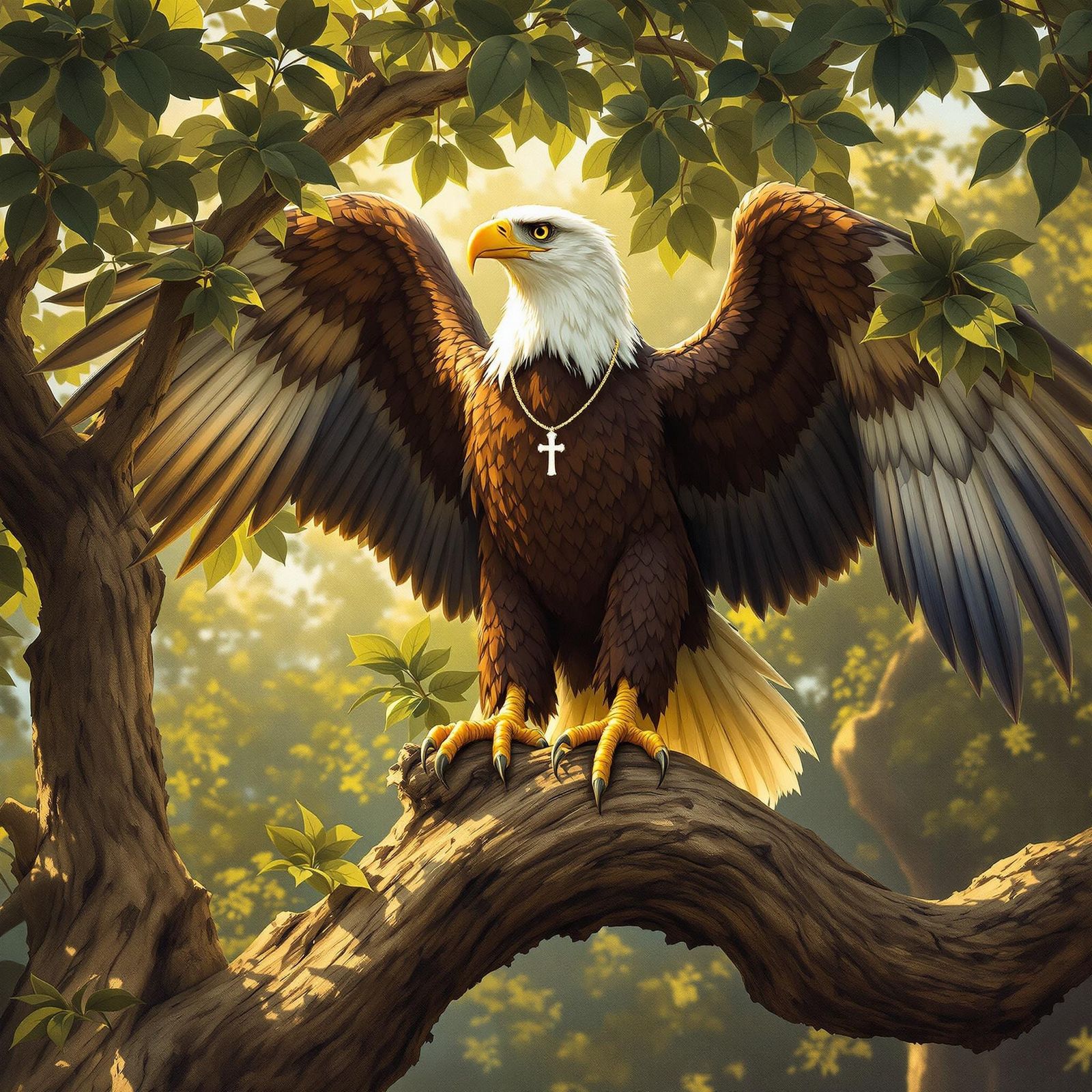 Eagle in Golden Light, Perched on Tree Branch