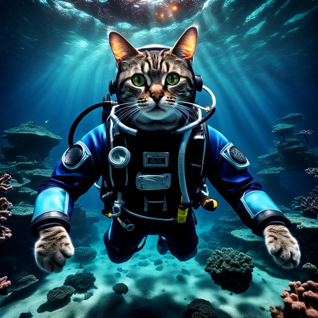 Hyperrealistic Cat in Scuba Suit Diving