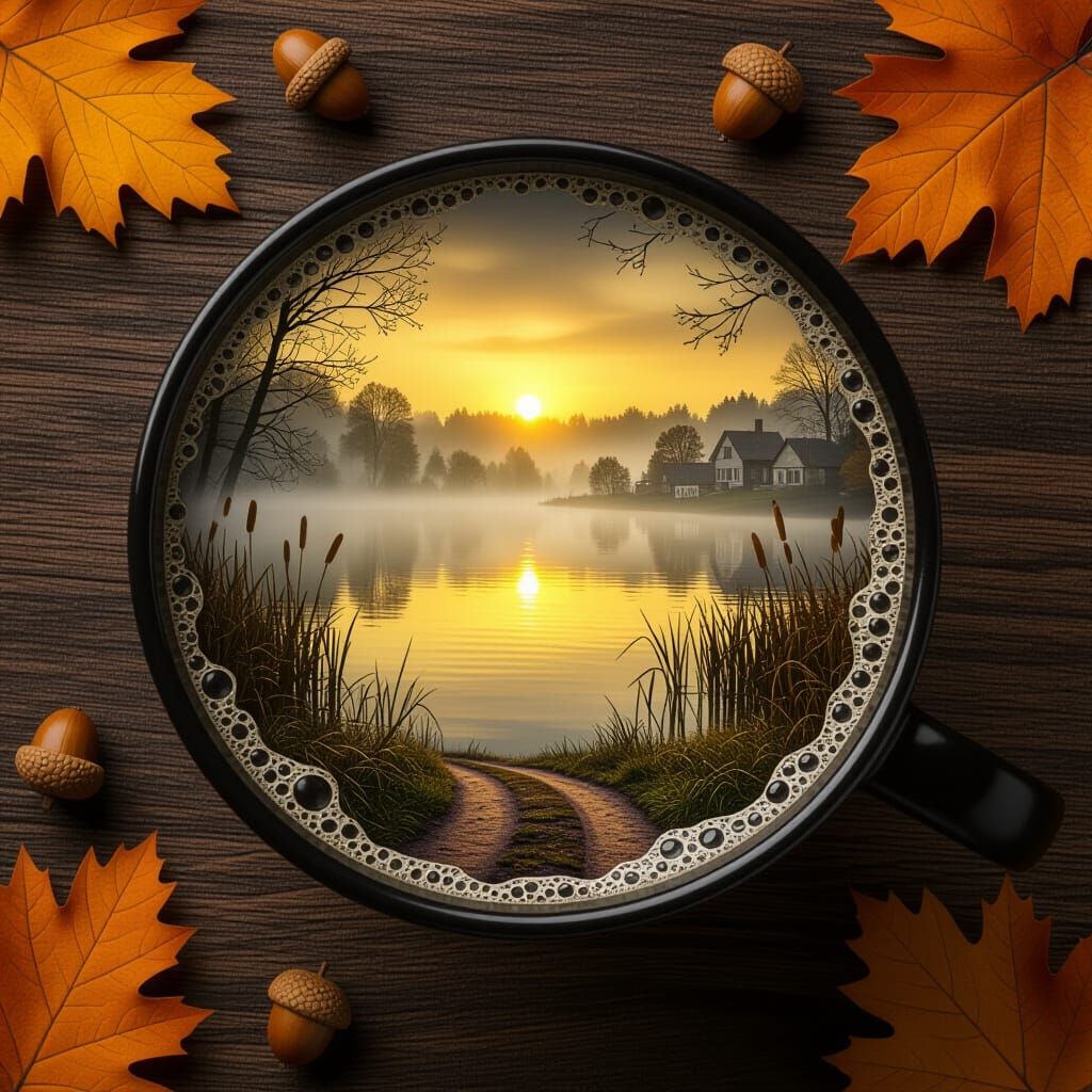 Black Cup Holographic Autumn Lake Landscape