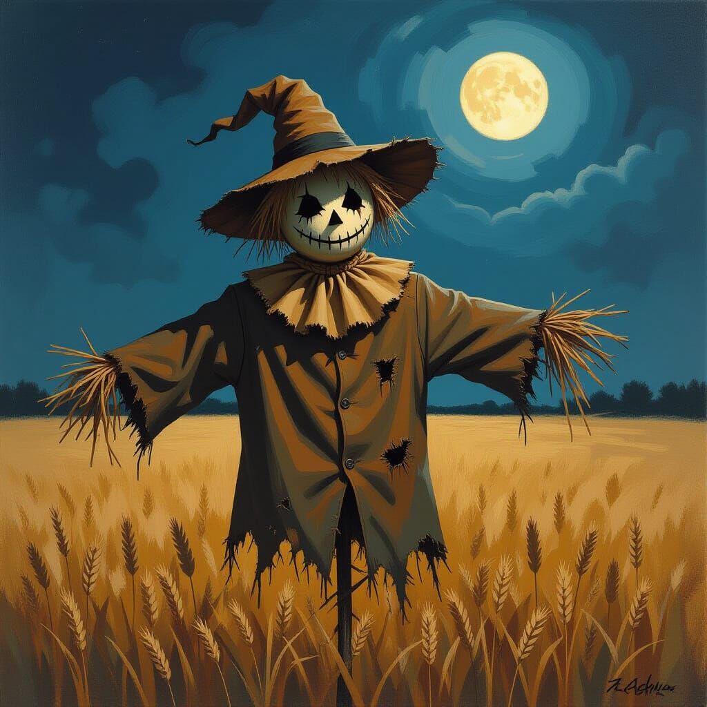 Scarecrow in Moonlit Field: Gouache Painting