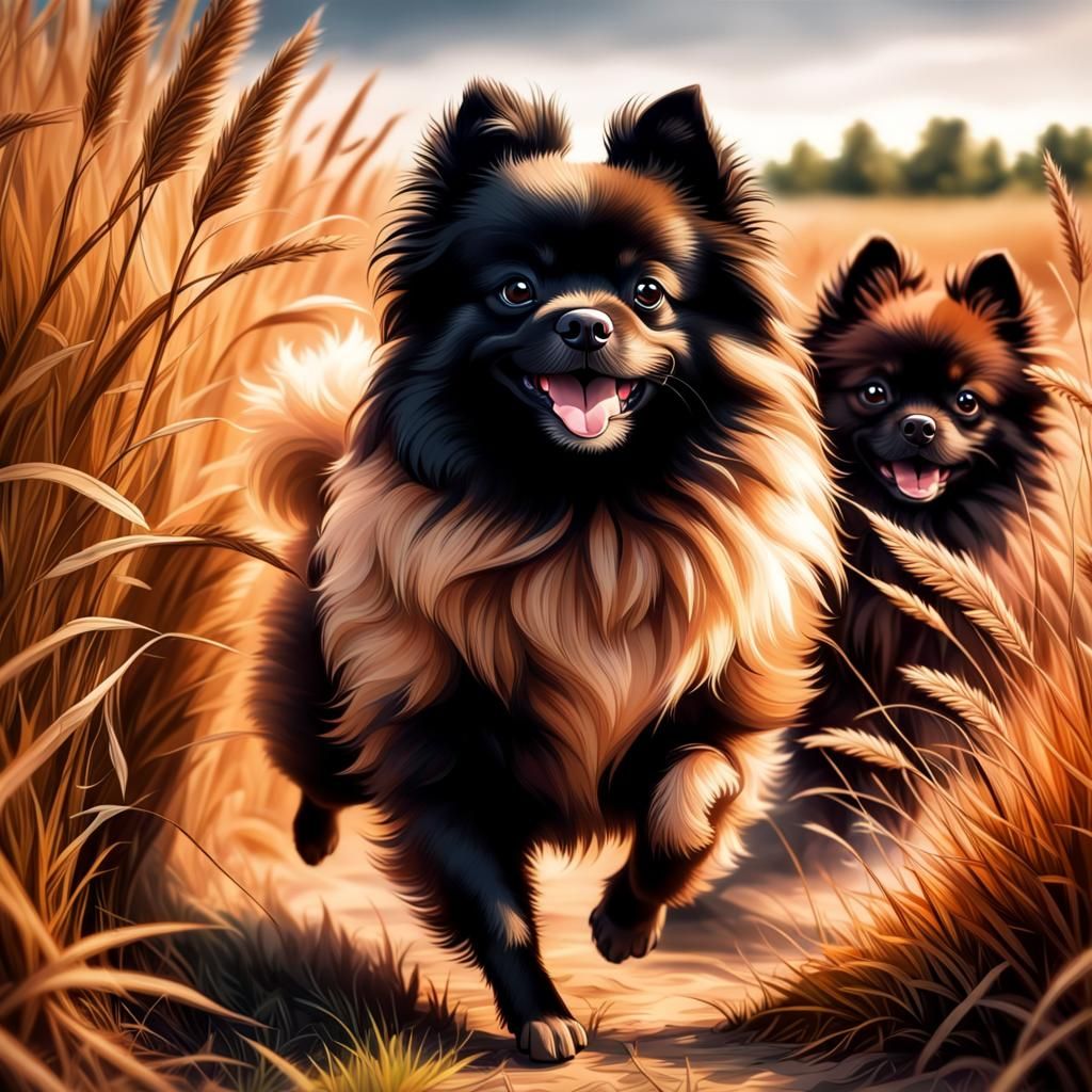 Pomeranians Running in Tall Grass: Hyperrealistic Image