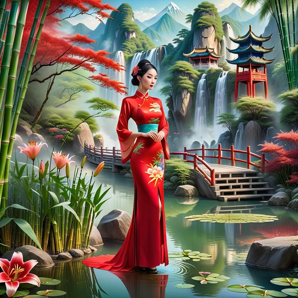 Women in Qipao in Bamboo Forest, Hyperrealistic Illustration