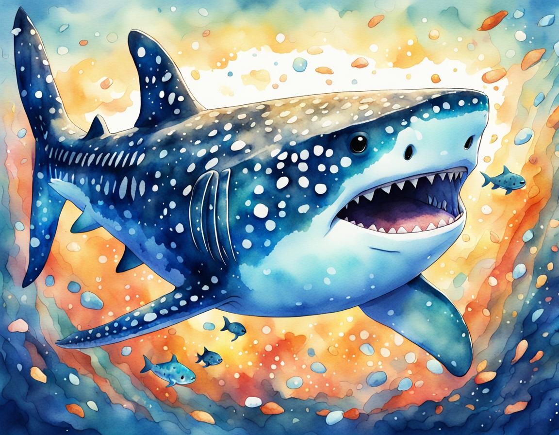 Cute Whale Shark in Anime Style Watercolor