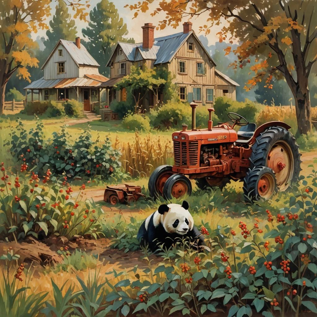 Panda's Rustic Life: Impressionistic Rural Landscape