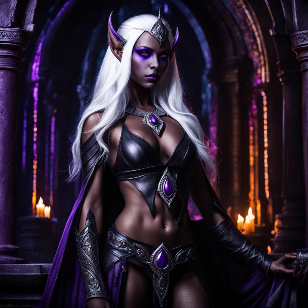 Drow Priestess in Dark Temple: Hyperdetailed Fantasy Art