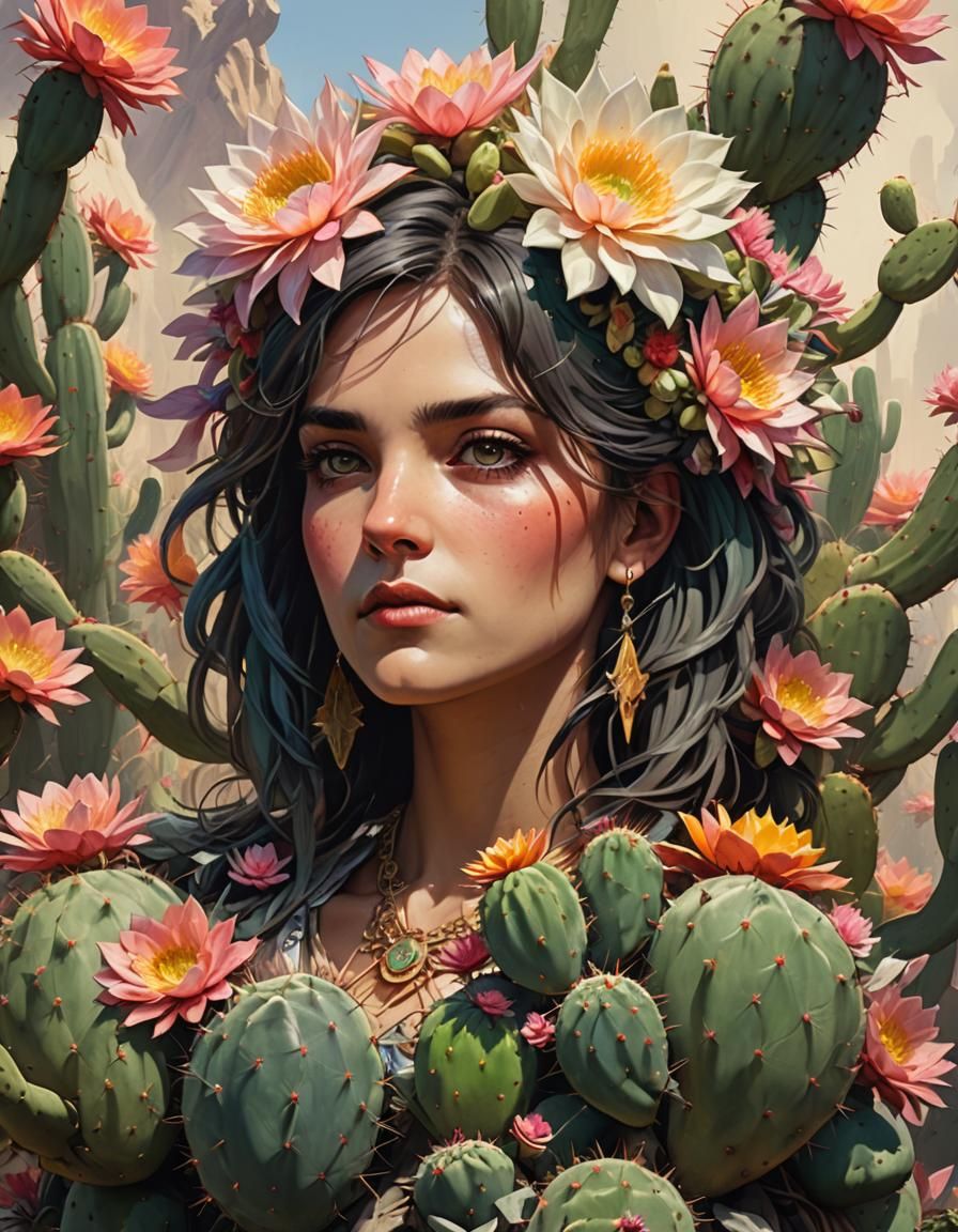 Blooming Cactus Portrait in Mystic Desert Wonderland