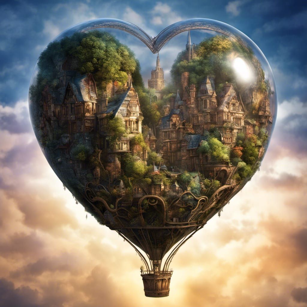 Floating Garden City in Heart Balloon: Hyperdetailed CGI