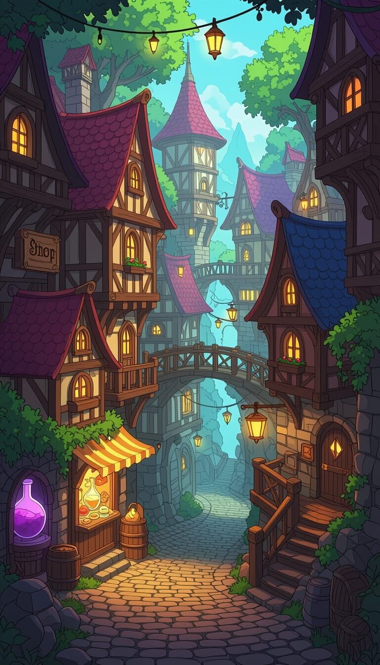 Whimsical RPG Town in Anime Steampunk Style