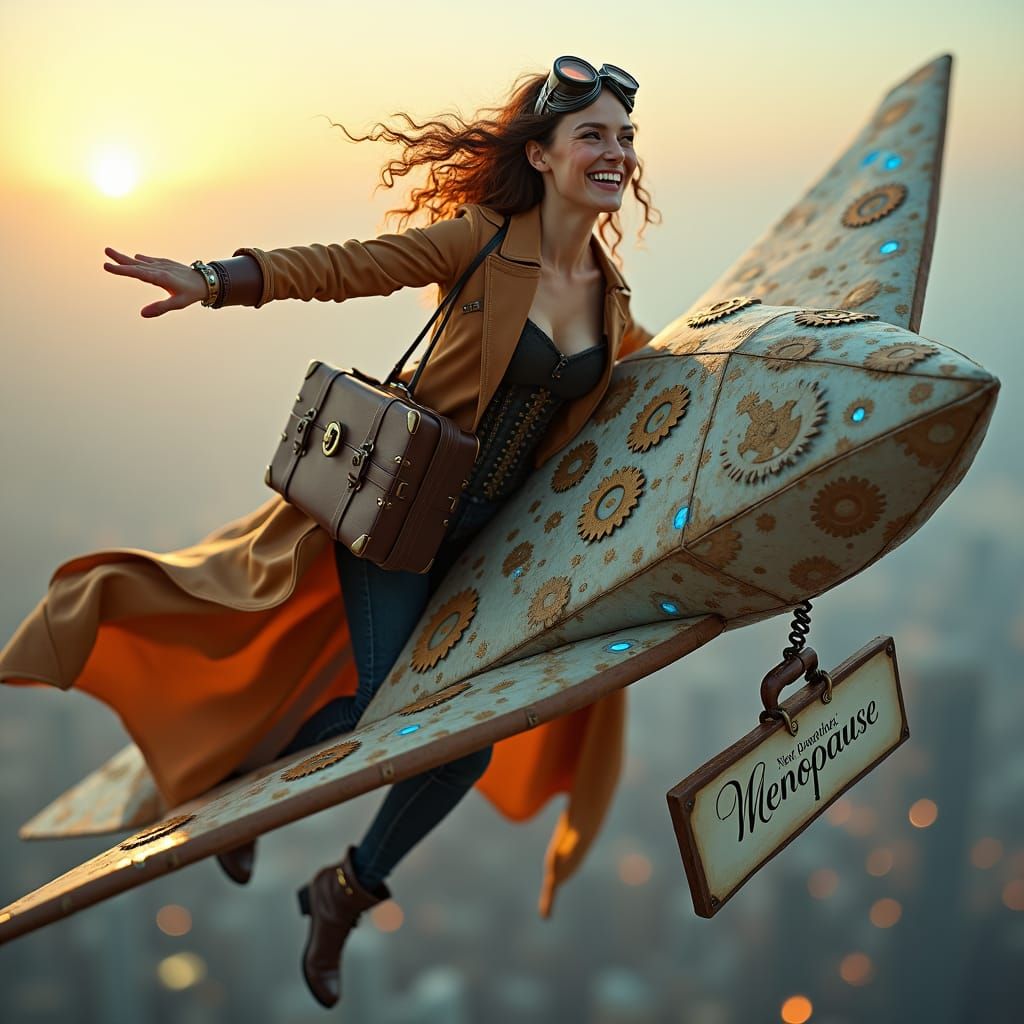 Steampunk Woman Soaring on Paper Airplane