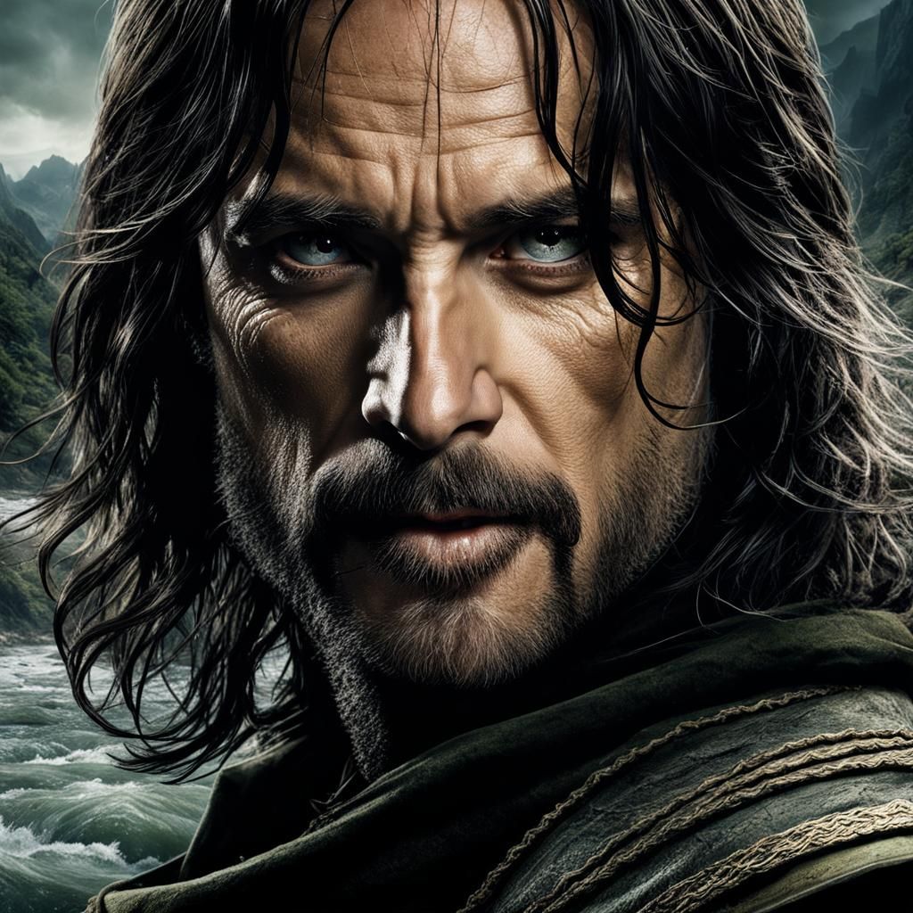 aragorn as a ranger
with dirt and scars on his face
crosses a wild river fantastical