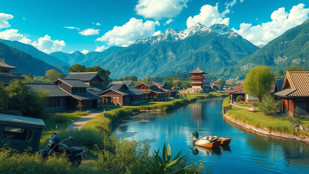 Japanese Village with River and Mountains: Matte Painting
