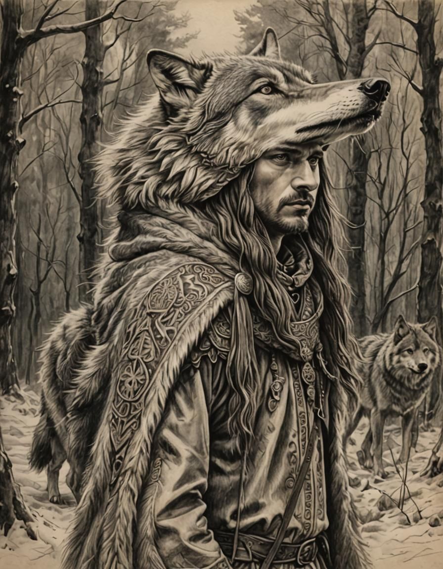 Slavic Prince in Wolf Cloak: Charcoal Drawing