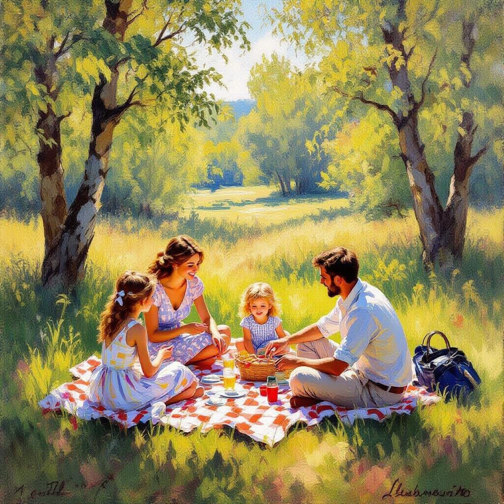 Impressionist Family Picnic in Sunlit Meadow