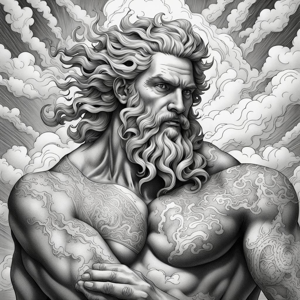 Zeus Throwing Lightning: Intricate Line Art Tattoo
