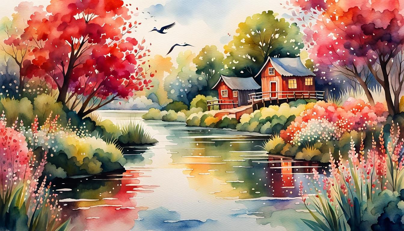 Watercolor Sailboat on Serene River Landscape