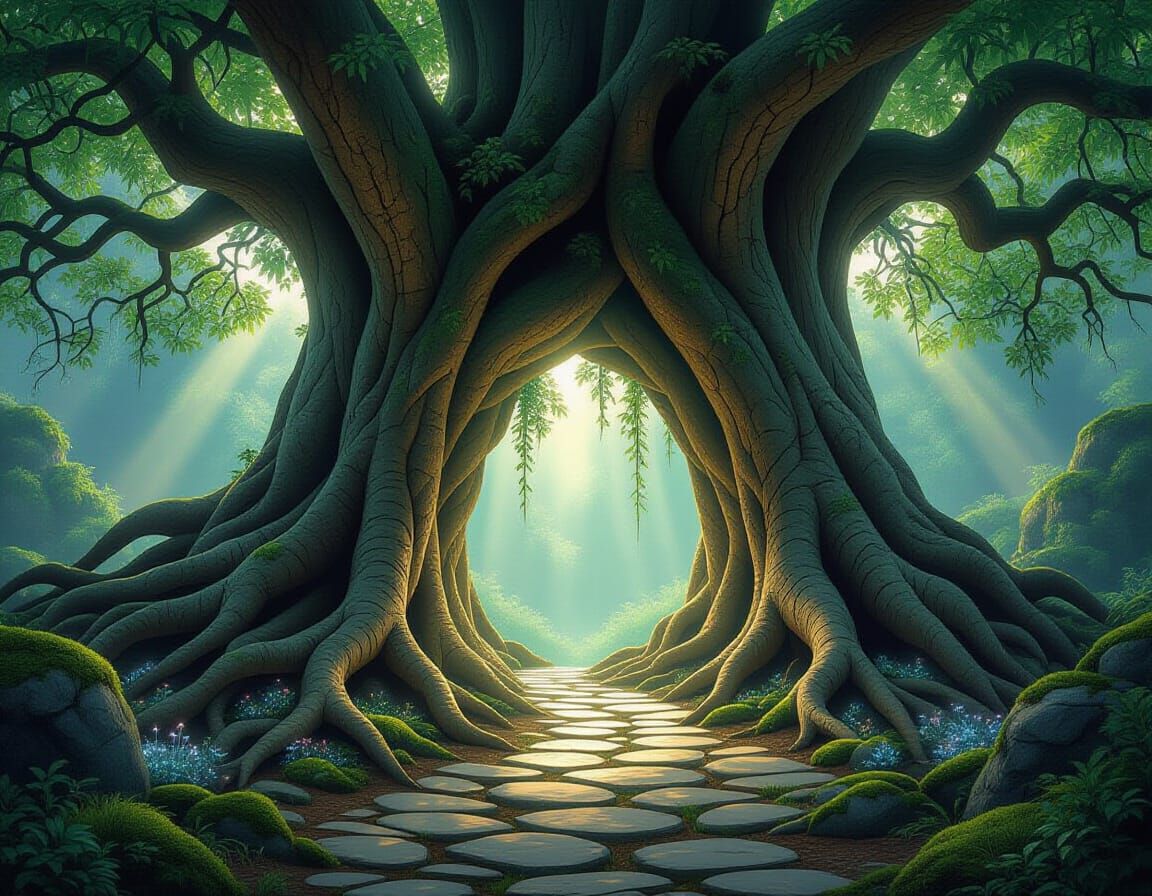 Ancient Tree Archways with Bioluminescent Flora