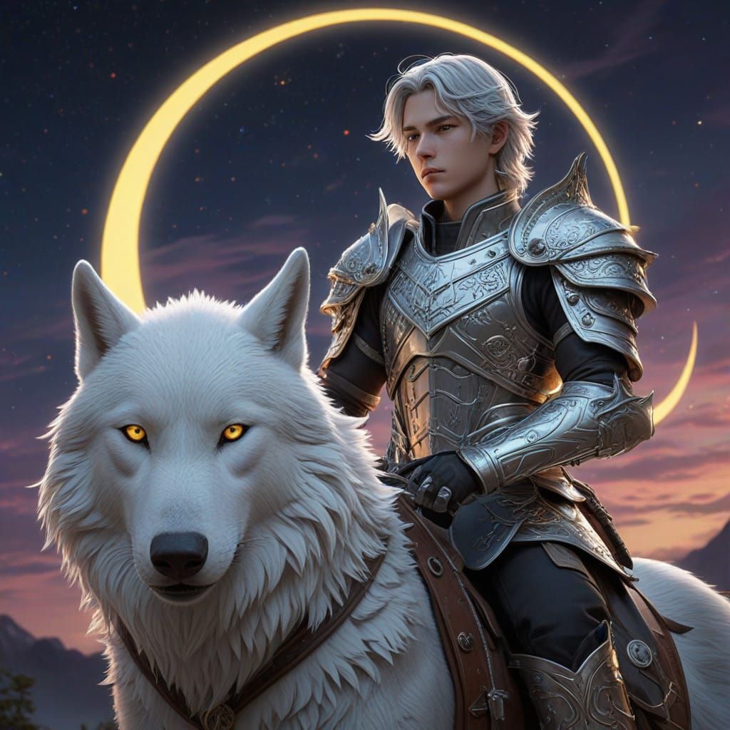 Majestic Boy in Silver Armor Rides White Wolf Under Moonlit....