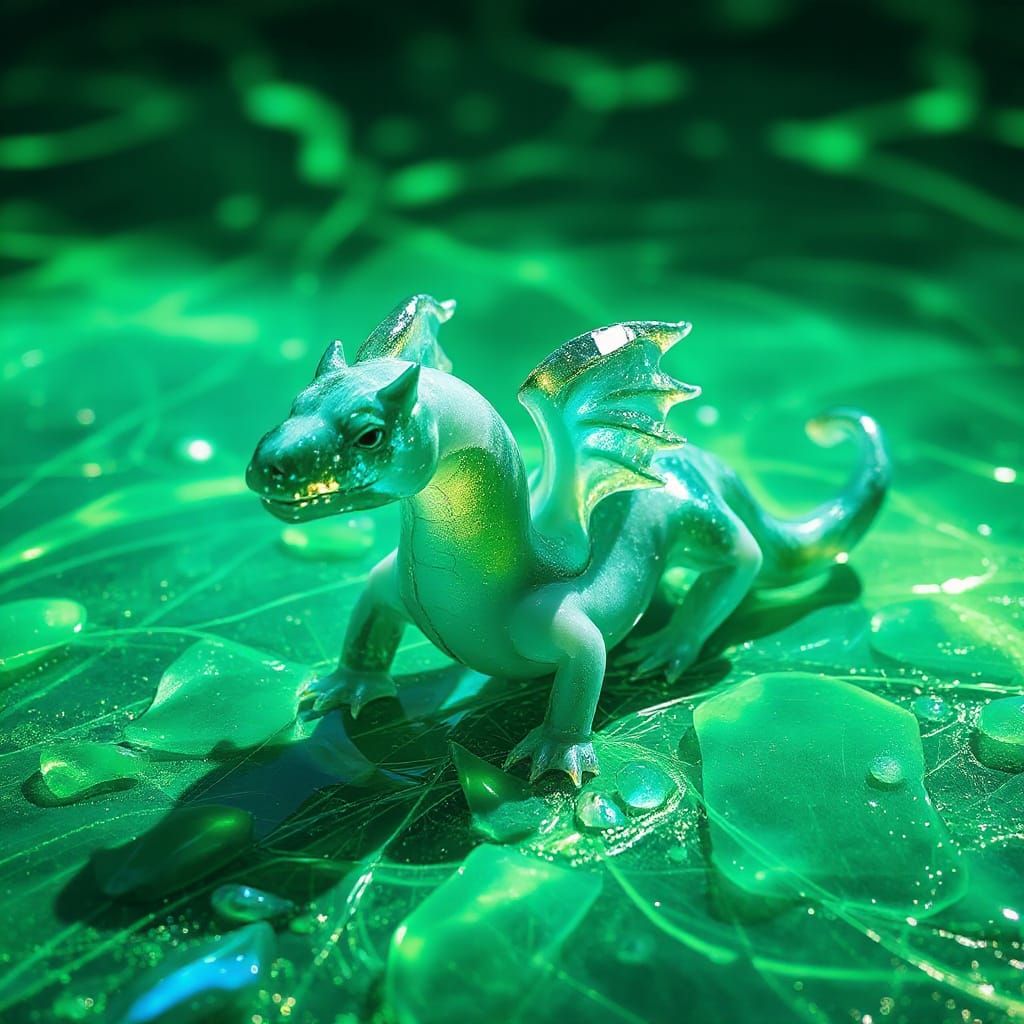 Mythical Sea Glass Creature in Luminous Emerald Landscape