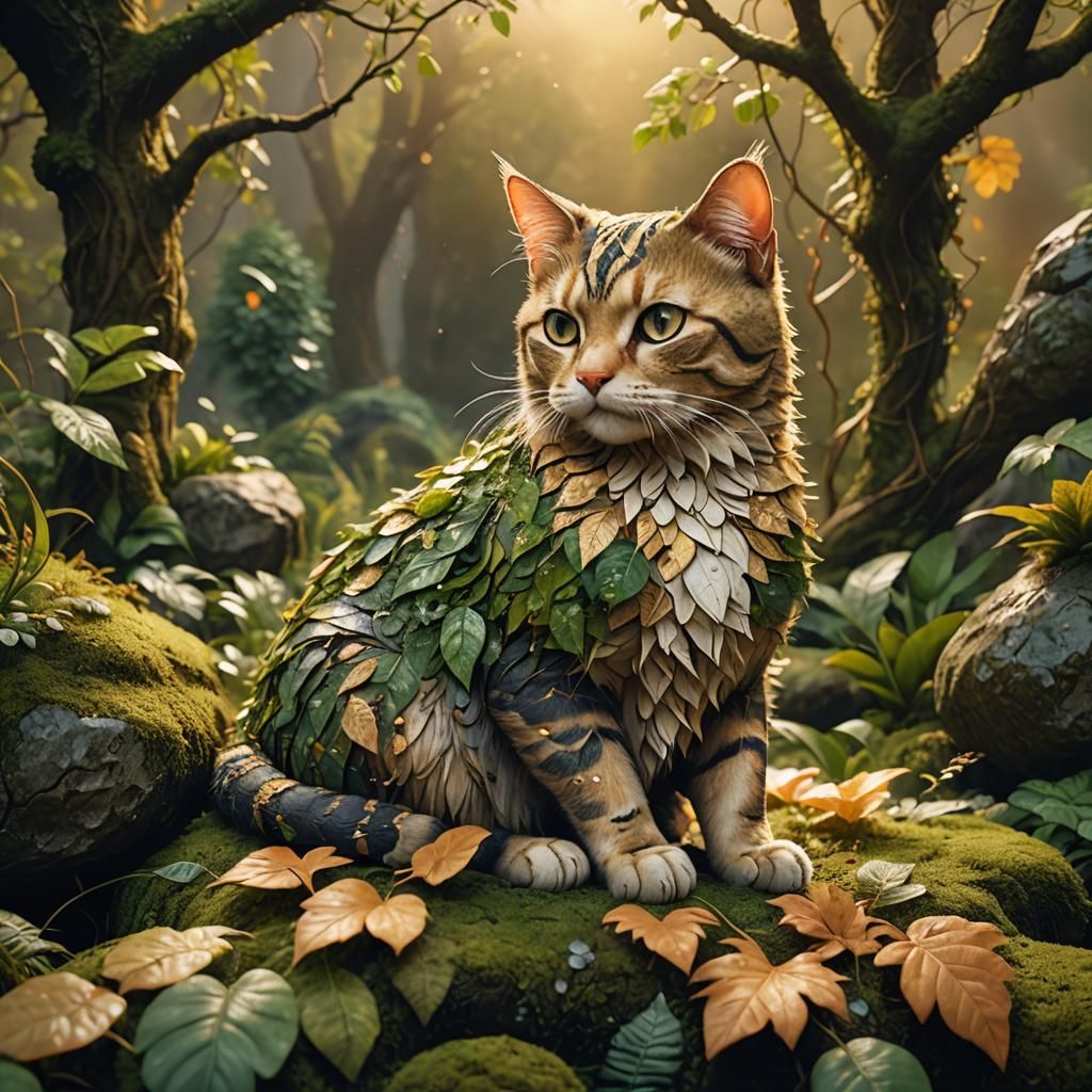 Leaf Cat on Mossy Stone: Fantasy Concept Art