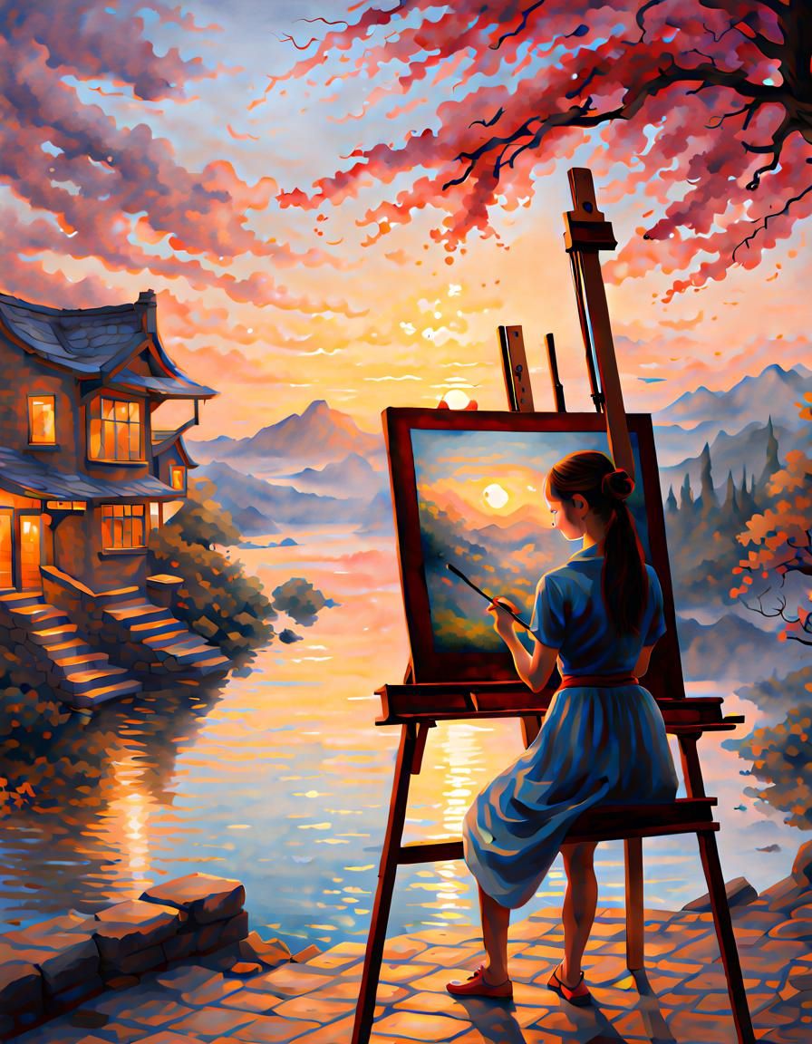 Girl Painting Watercolor Sunset with Volumetric Lighting
