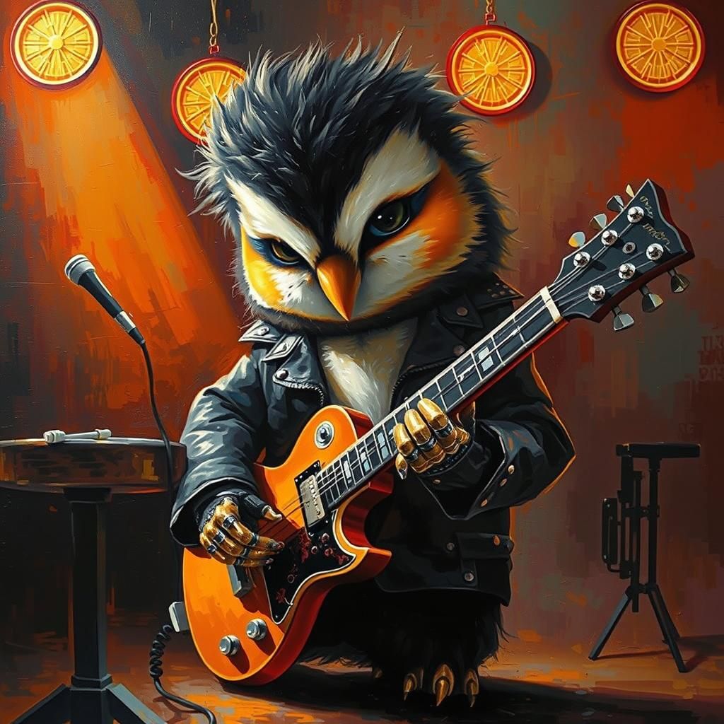 Rockstar Mechanimal Owl Guitarist in Oil Painting